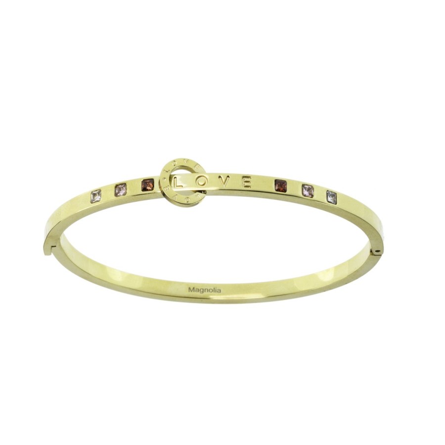 Bracciali Magnolia Gioielli | Bracciale Love In Acciaio Ip Gold Rigido Con Zirconi Cubici Colorati Bc7124G