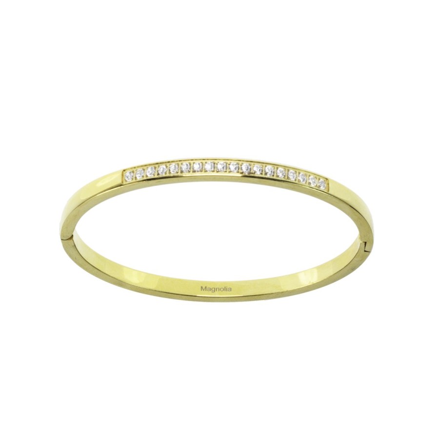 Bracciali Magnolia Gioielli | Bracciale In Acciaio Ip Gold Rigido Con Zirconi Cubici Bc7111G