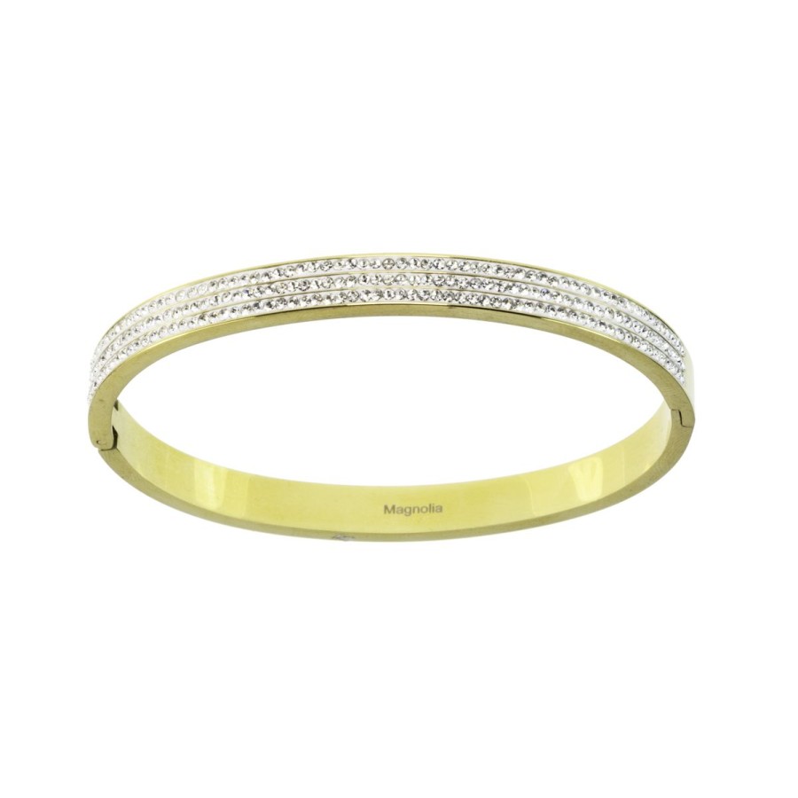 Bracciali Magnolia Gioielli | Bracciale In Acciaio Ip Gold Rigido Con Zirconi Cubici Bc7126G