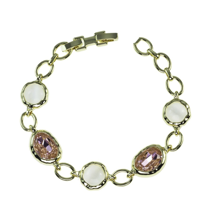 Bracciali Magnolia Gioielli | Bracciale In Metallo Anallergico Con Pietre Cabochon Beige E Pietre Rosa Con Vera Placcatura Oro Giallo Bc2019G